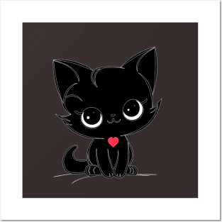 Black kitten, red heart Posters and Art
